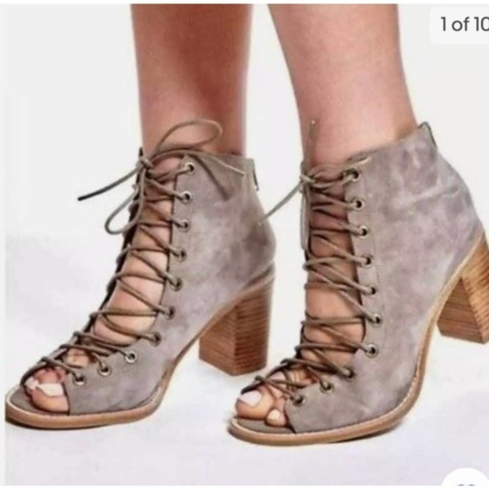 Jeffrey Campbell Taupe CORS Suede Lace Up Open Toe Heels